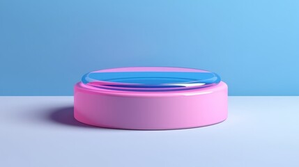 Contemporary blue and pink circle podium with glass. Generative ai