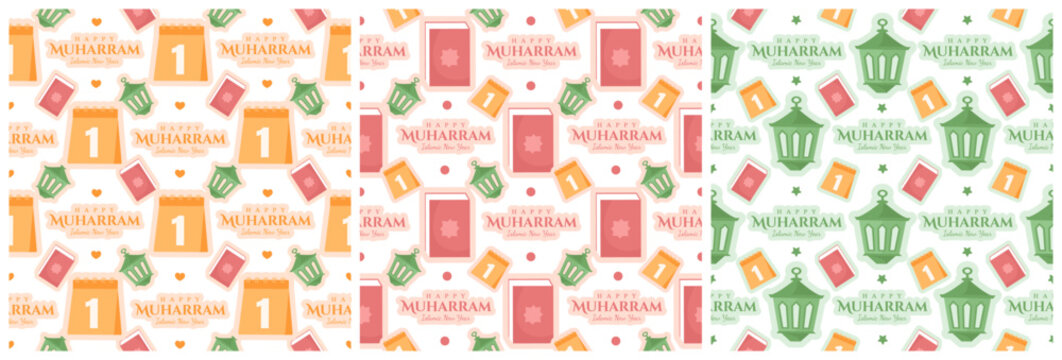 Set of Happy Islamic New Year Seamless Pattern Design Flat Illustration with Muslims Elements in Template Hand Drawn