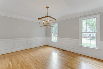 Luxury Empty Modern Dining Room Interior with Brass Designer Light Fixture and Sustainable Real Hardwood Floors