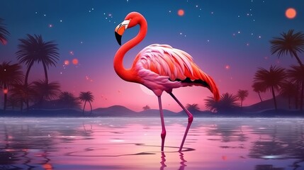 Flamingo basin tropical disco style bright background. Generative ai