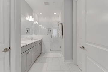 Modern Chic Primary Bathroom Interior with Double Vanity and Glass Shower