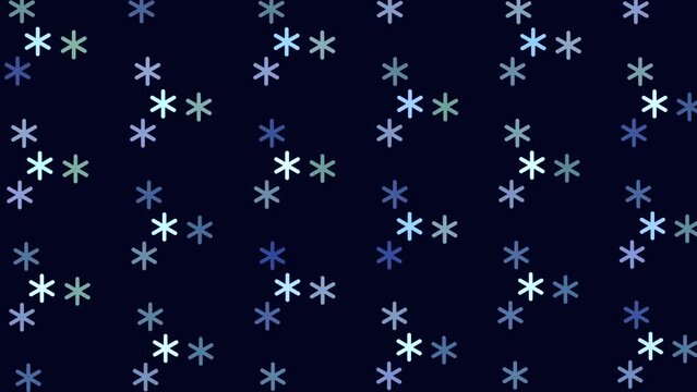Digital pattern with abstract neon snowflakes in rows on black gradient, motion abstract finance, corporate, cyber and futuristic style background