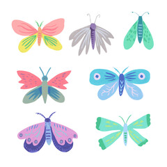 Fototapeta na wymiar Cute doodle simple butterflies and moths isolated on white background. Hand-drawn clip art for design.
