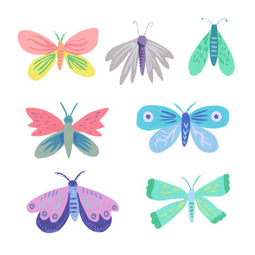 Cute doodle simple butterflies and moths isolated on white background. Hand-drawn clip art for design.