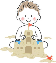 砂でお城を作る、男の子のイラスト