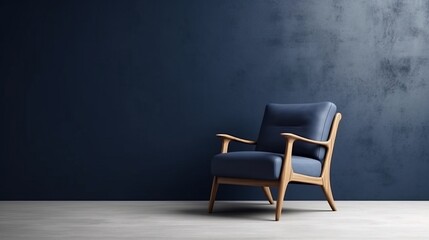 Modern wooden living room armchair on empty dark blue wall. Generative ai