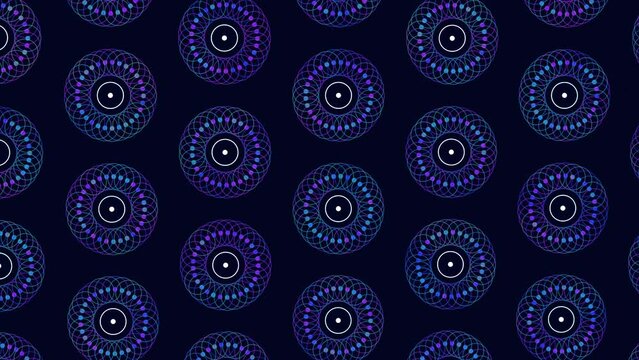 Digital pattern with abstract neon flowers in rows on black gradient, motion abstract finance, corporate, cyber and futuristic style background