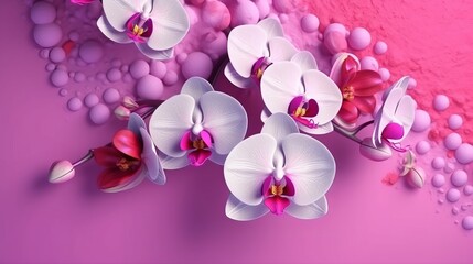 Orchid flowers on pink background. Generative ai