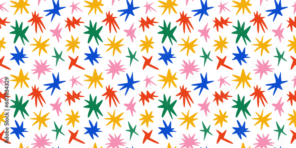 Poster hand drawn sparks seamless pattern. colorful twinkles repeating background. abstract doodle sparkle 