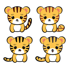 Set of cute cartoon tigers. Vector illustration isolated on white background.
