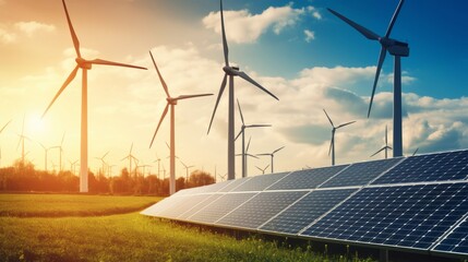 Renewable energy background with green energy as wind turbines and solar panels. Generative ai