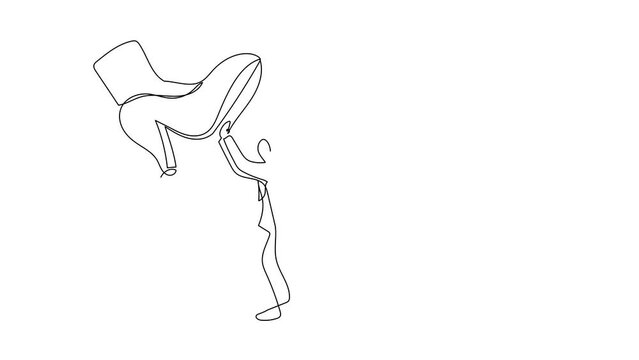 Self drawing animation of single line draw Arab businesswoman against giant shoes stomping. Female employee push against giant foot step. Minimal metaphor. Continuous line draw. Full length animated