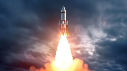 Spaceship takes off into the sky. Rocket starts into space. Generative ai