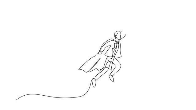 Animated self drawing of continuous line draw active businessman flying with heroes capes against giant shoes stomping. Office worker fly up against giant foot step. Full length one line animation