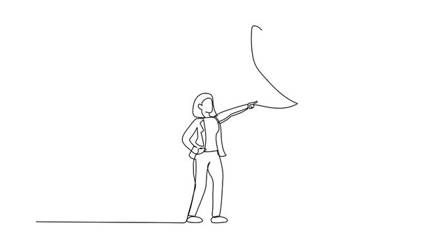 Animated self drawing of continuous line draw businesswoman facing against giant shoes stomping. Office worker pointing against giant foot step. Minimalism metaphor. Full length one line animation