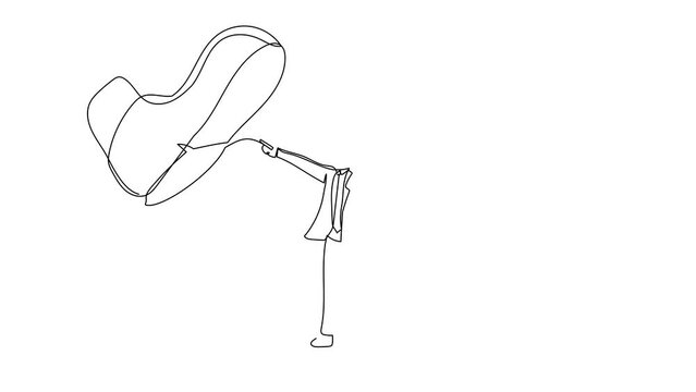 Self drawing animation of single line draw businessman facing against giant shoes stomping. Male manager pointing against giant foot step. Minimal metaphor. Continuous line draw. Full length animated