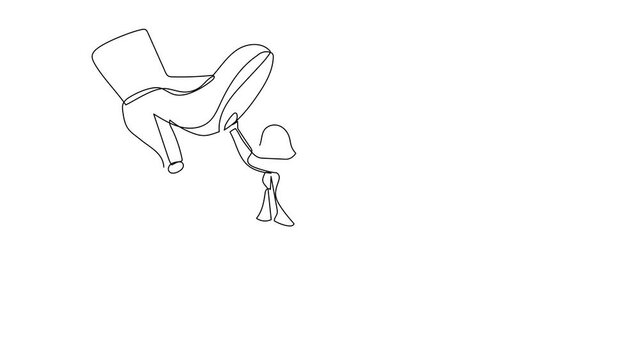 Animated self drawing of continuous one line draw brave businesswoman against giant shoes stomping. Female employee push against giant foot step. Minimalist metaphor. Full length single line animation