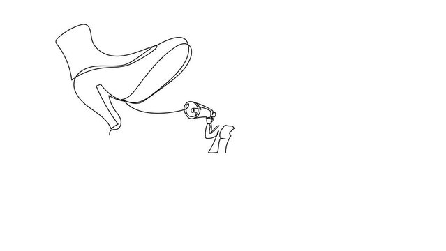 Animated self drawing of continuous line draw businesswoman protest with megaphone under giant shoe. Manager under tyranny, dictatorship concept. Minimal metaphor. Full length single line animation