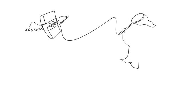 Animated self drawing of continuous line draw unlucky Arab businesswoman try to catch flying money stack with butterfly net. Losing business or project opportunity. Full length one line animation