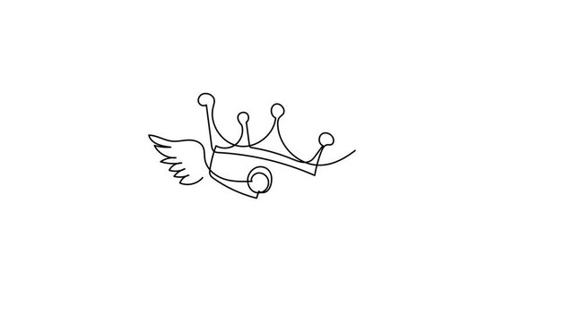 Animated self drawing of continuous line draw flying crown with wings. Classic King crown badge with wings. Creative logo illustration design element for. Full length one line animation illustration
