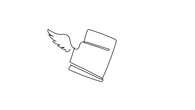Animated self drawing of single continuous line draw flying book with wings. Winged book white creative emblem. Educational sign, library symbol. Branding identity. Full length one line animation