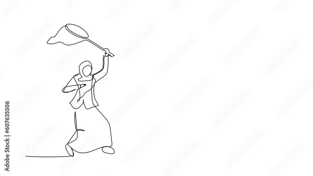 Poster self drawing animation of single one line draw arabian businesswoman try to catching flying laptop w