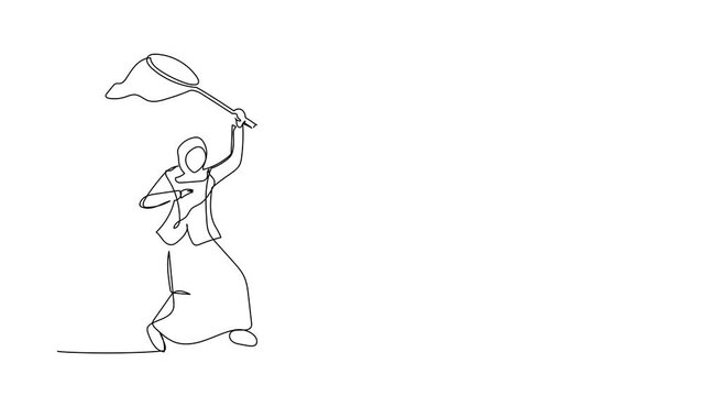 Self drawing animation of single one line draw Arabian businesswoman try to catching flying laptop with butterfly net. Losing document due to computer virus. Continuous line draw. Full length animated