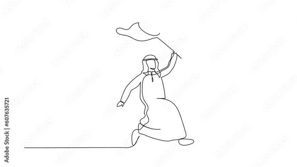 Poster animated self drawing of continuous line draw arab businessman try to catching flying briefcase with