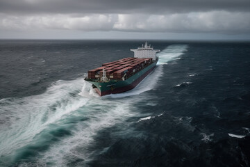 Naklejka premium Aerial view of a loaded container cargo ship as it speeds over the ocean. Generative AI