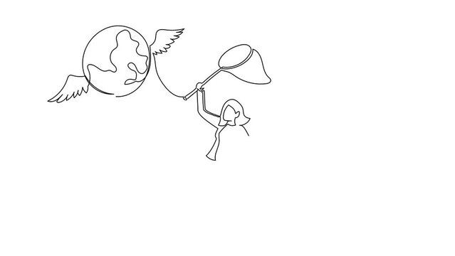 Animated self drawing of continuous line draw businesswoman try to catching flying globe with butterfly net. Failed to travel the world because of economic crisis. Full length single line animation