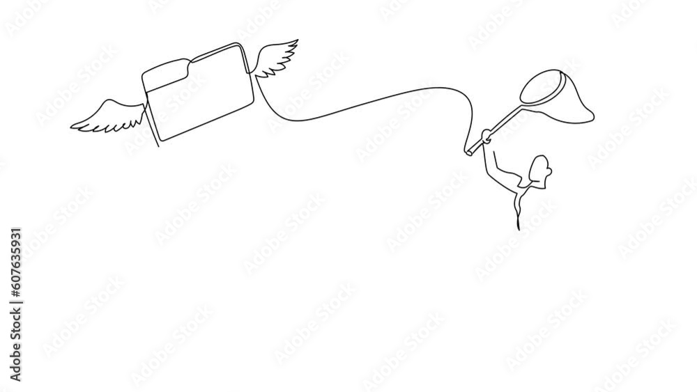 Poster animated self drawing of continuous line draw businesswoman try to catching flying folder with butte