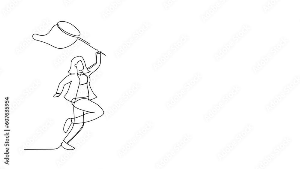 Poster self drawing animation of single one line draw businesswoman try to catching flying laptop with net.