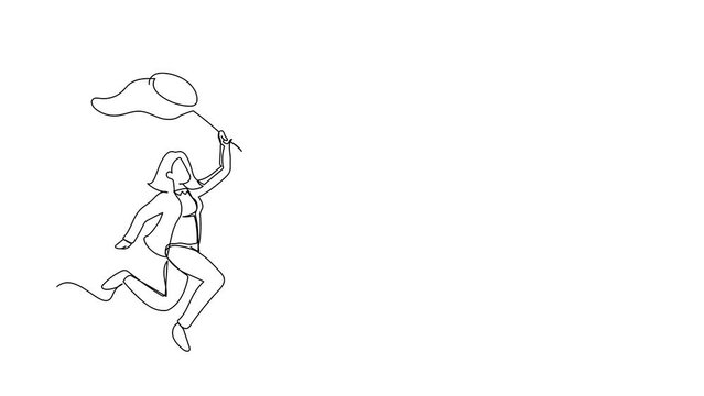 Animated self drawing of continuous line draw businesswoman try to catching flying heart with butterfly net. Breakup concept. Relationship that can't be continued. Full length one line animation