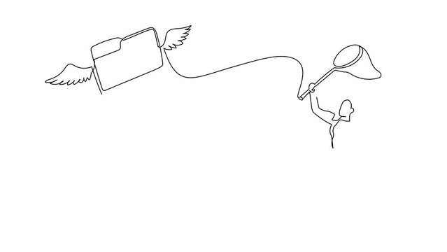 Animated self drawing of continuous line draw businesswoman try to catching flying folder with butterfly net. Leakage of documents storage data. Missing archive file. Full length one line animation