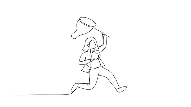 Self drawing animation of single line draw businesswoman try to catching flying trophy with butterfly net. Lost victory. Failed match. Making stupid blunder. Continuous line draw. Full length animated