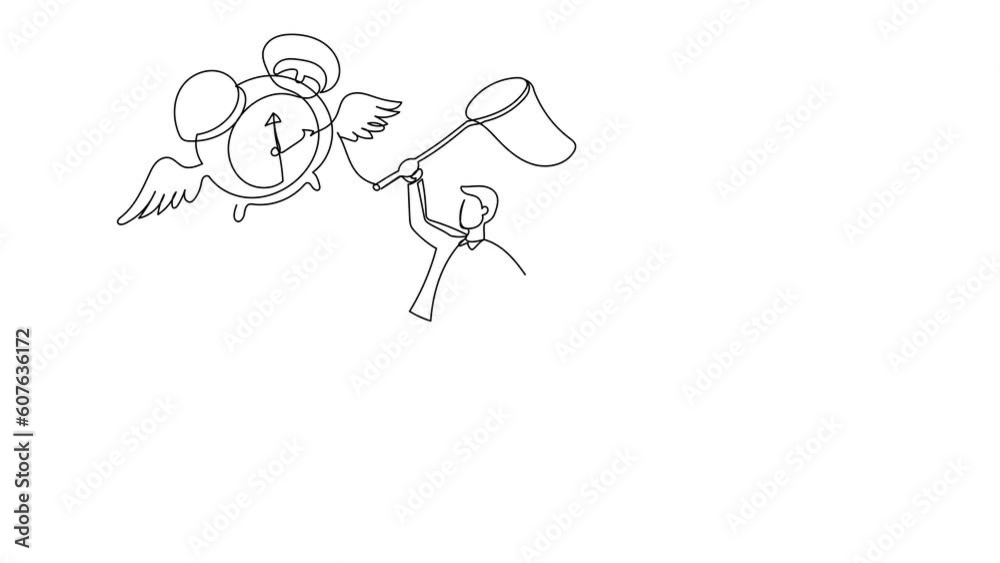 Poster self drawing animation of single line draw businessman try to catching flying alarm clock with butte