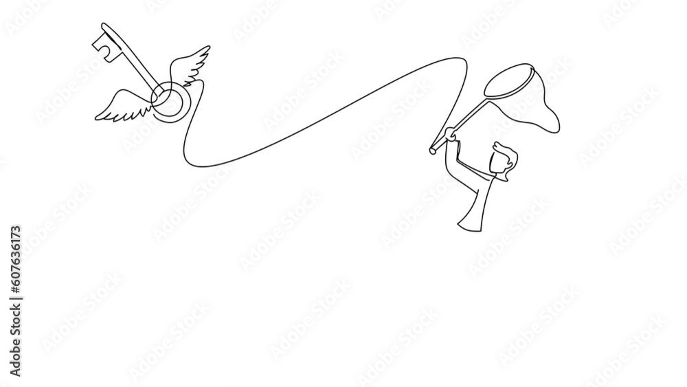 Poster animated self drawing of continuous line draw businessman try to catching flying key with butterfly 