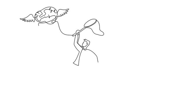 Animated self drawing of continuous line draw businessman try to catching flying brain with butterfly net. Genius idea for brain medical health. Philosophy metaphor. Full length one line animation