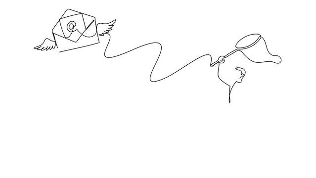 Animated self drawing of continuous line draw businessman try to catching flying mail with butterfly net. Not read incoming message. Decoration for greeting cards. Full length single line animation