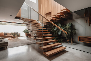 A contemporary interior design element of a stairwell with glass fences and wooden stairs. Generative AI