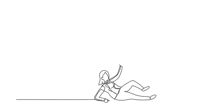 Animated self drawing of continuous line draw small businesswoman under the giant foot. Big foot in the shoe is going to crush employee. Minimalism metaphor concept. Full length one line animation