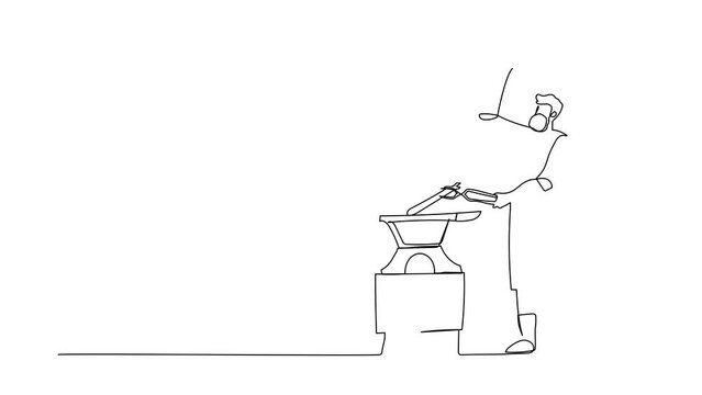 Animated self drawing of continuous line draw bearded blacksmith in apron forging blade on anvil. Smith working with hammer, anvil. Historical, fairytale craftsman. Full length single line animation