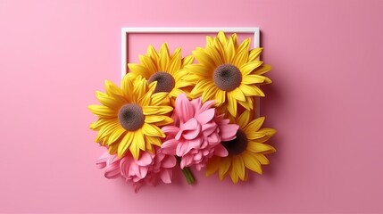 Sunflowers flowers on pink background. Generative ai