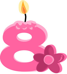 Pink eight 8 number happy birthday candle and flower PNG illustration.