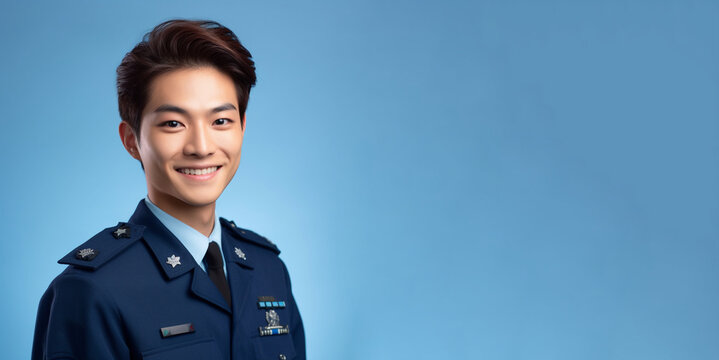 a smiling young male dressed as a police's in front of blue background generative ai