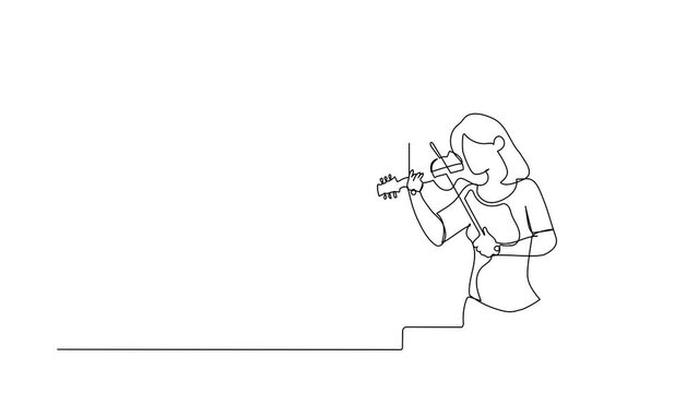 Animated self drawing of continuous line draw female musician standing near window and playing violin. Young woman staying at home in self quarantine due to pandemic. Full length single line animation