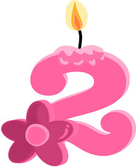 Pink two 2 number happy birthday candle and flower PNG illustration.
