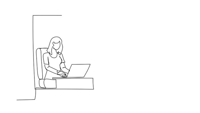 Self drawing animation of single line draw woman working from home near window with laptop. Active businesswoman sitting at desk. Remote work or home office. Continuous line draw. Full length animated