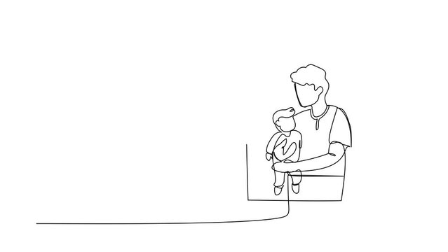 Animated self drawing of continuous line draw man holding baby near window. Child lies on in dad's arms. Man taking care of child. Dad on maternity leave with baby. Full length single line animation