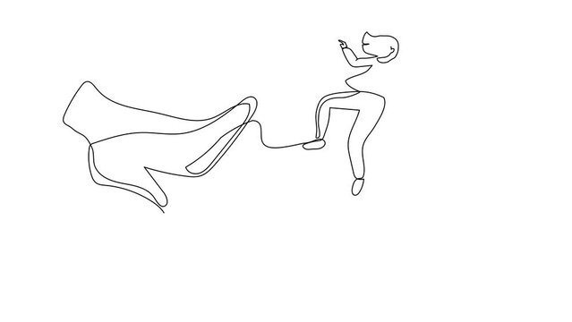 Animated self drawing of continuous line draw unlucky businesswoman kicked out by big foot from chair. Staff reduction, fired manager. Minimalist metaphor concept. Full length single line animation